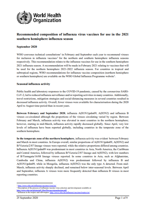 Recommended composition of influenza virus vaccines for use in the 2015 southern hemisphere influenza season