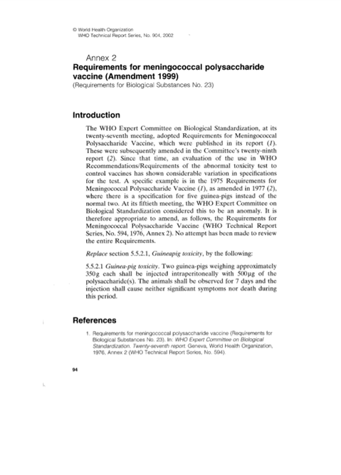 Requirements for Meningococcal Polysaccharide vaccine, Annex 2, TRS No 904
