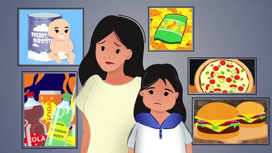 Mother and daughter looking at harmful food advertisements of unhealthy foods.